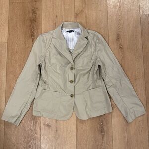 Lands’ End Women’s 12 Khaki Button Front Casual Blazer Jacket Cotton